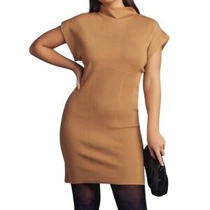 NWT Anthropologie Mock Neck Mini Dress Knee Length Beige Size M MSRP $148
